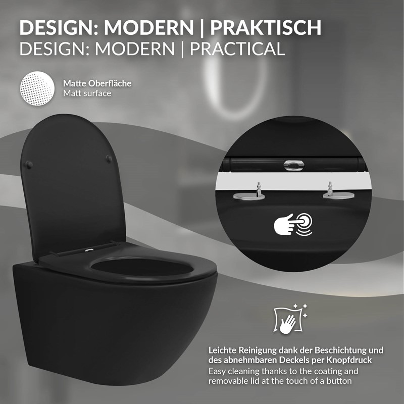 Wand-WC Hänge Toilette aus Keramik in Schwarz matt 54cm lang Spülrandlos mit Softclose LuxeBath