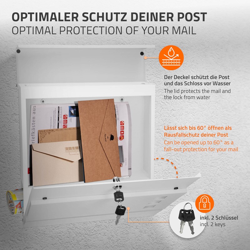 Briefkasten mit Zeitungsfach 37x36,5x10,5 cm Weiß aus Stahl