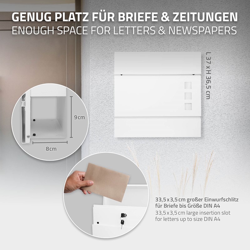 Briefkasten mit Zeitungsfach 37x36,5x10,5 cm Weiß aus Stahl
