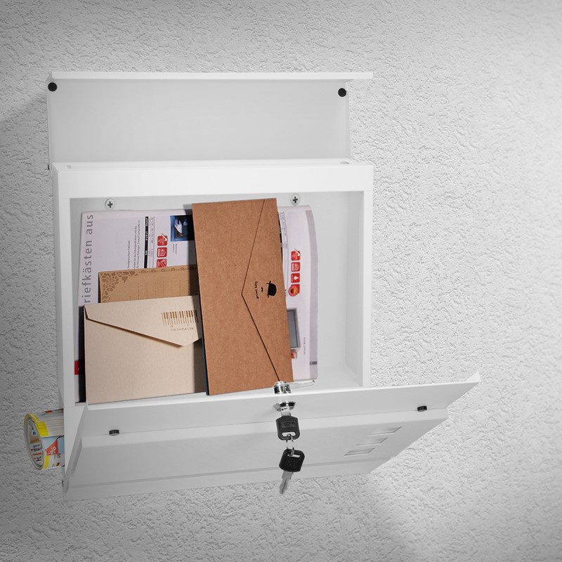 Briefkasten mit Zeitungsfach 37x36,5x10,5 cm Weiß aus Stahl
