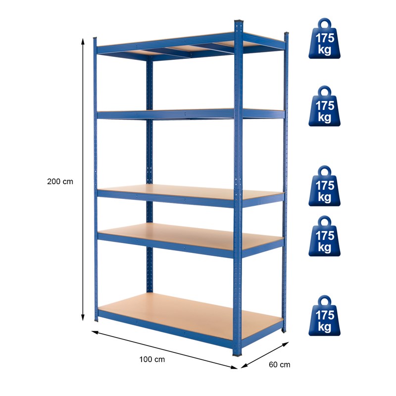 Werkstattregal 200x100x60 cm blau aus MDF Holzfaserplatte und Metall belastbar bis 875 kg