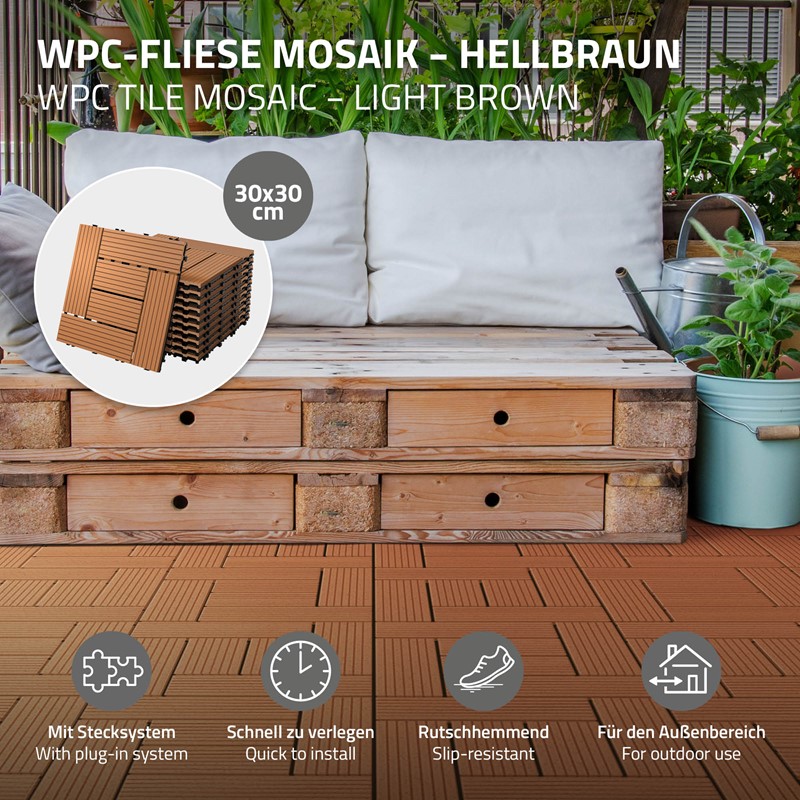 WPC Terrassenfliesen 30x30 cm 11er Set für 1m² Anthrazit in Holzoptik Mosaik mit Drainage und Klicksystem