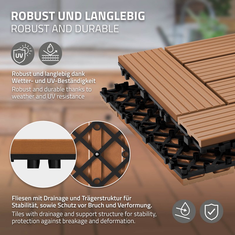 WPC Terrassenfliesen 30x30 cm 11er Set für 1m² Anthrazit in Holzoptik Mosaik mit Drainage und Klicksystem