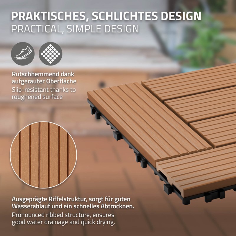 WPC Terrassenfliesen 30x30 cm 11er Set für 1m² Anthrazit in Holzoptik Mosaik mit Drainage und Klicksystem