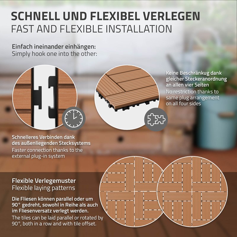 WPC Terrassenfliesen 30x30 cm 11er Set für 1m² Anthrazit in Holzoptik Mosaik mit Drainage und Klicksystem