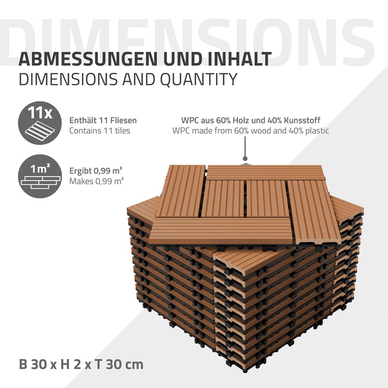 WPC Terrassenfliesen 30x30 cm 11er Set für 1m² Anthrazit in Holzoptik Mosaik mit Drainage und Klicksystem