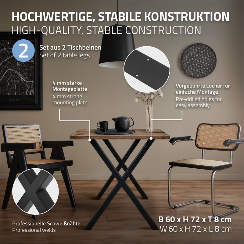 2x Tischbeine X-Design 60x72 cm Schwarz pulverbeschichtete Stahl DIY Tischuntergestell