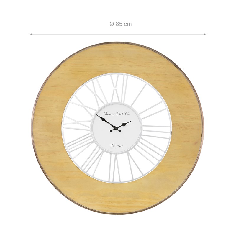 Große Wanduhr Ø 85 cm Weiß/Natur aus Holz mit römischen Ziffern WOMO-Design