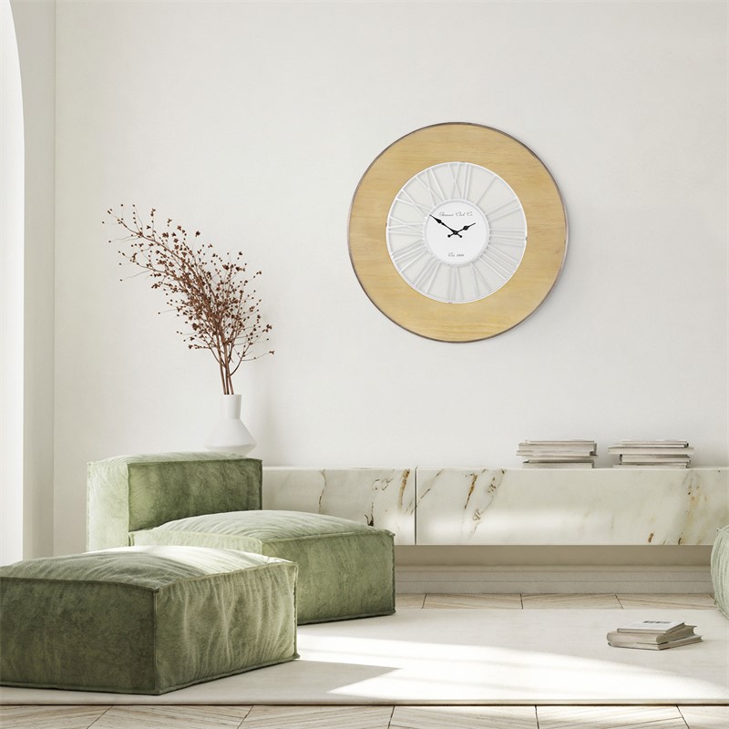 Große Wanduhr Ø 85 cm Weiß/Natur aus Holz mit römischen Ziffern WOMO-Design
