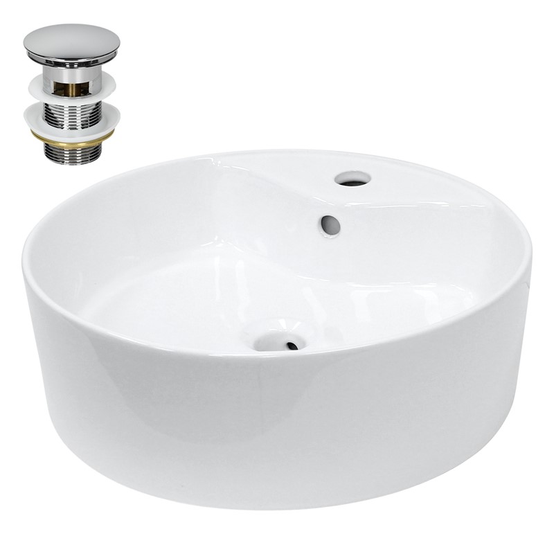 Waschbecken inkl. Ablaufgarnitur Silber mit Überlauf Ø 46x15,5 cm Weiß aus Keramik LuxeBath Waschbecken inkl. Ablaufgarnitur Silber mit Überlauf Ø 46x15,5 cm Weiß aus Keramik LuxeBath