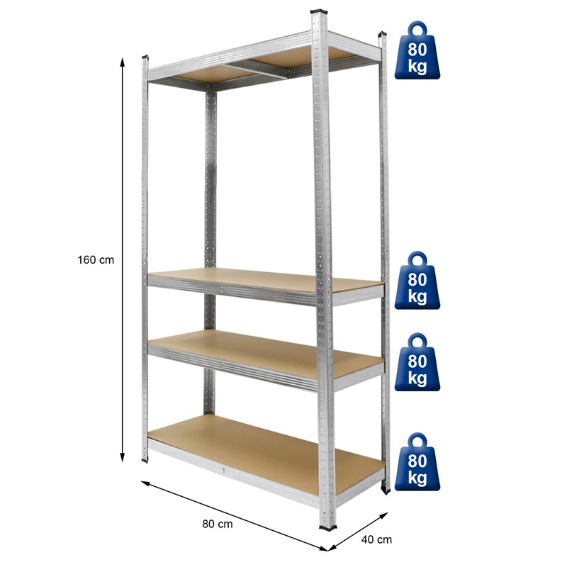 2er Set Werkstattregal silber, 160x80x40 cm, aus MDF und Metall, bis 320 kg