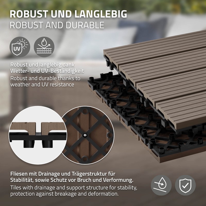 WPC Terrassenfliesen 30x30 cm 22er Set für 2m² Dunkelbraun in Holzoptik Balkon Bodenbelag mit Drainage und Klicksystem Terrassendielen Balkonfliesen