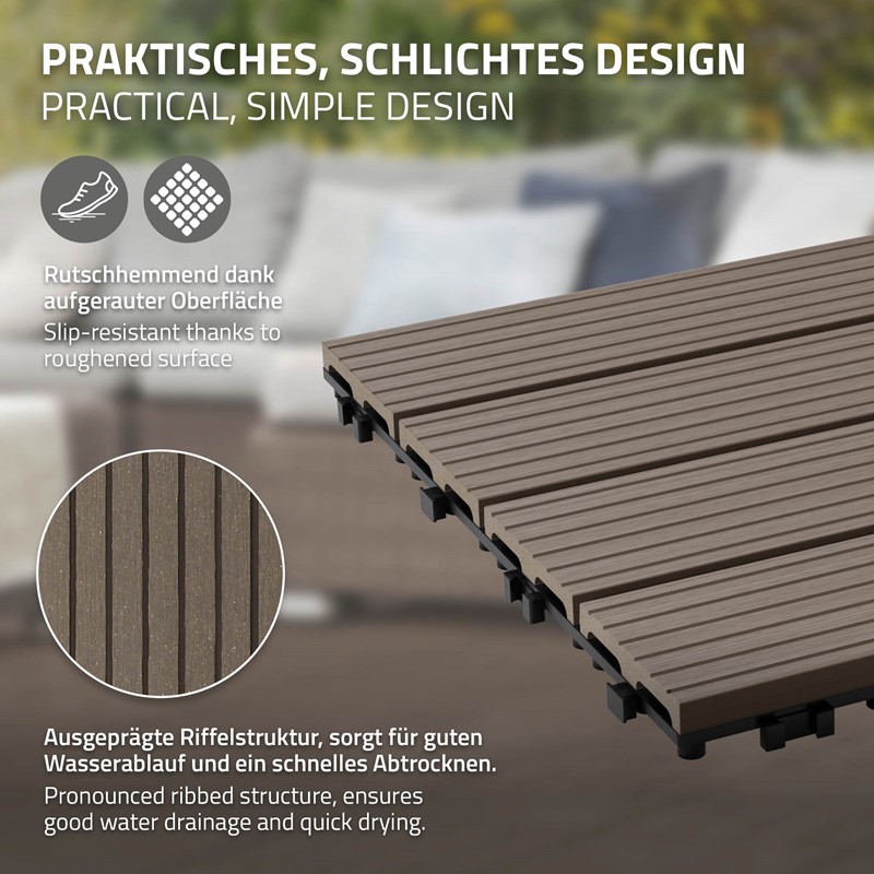 WPC Terrassenfliesen 30x30 cm 22er Set für 2m² Dunkelbraun in Holzoptik Balkon Bodenbelag mit Drainage und Klicksystem Terrassendielen Balkonfliesen
