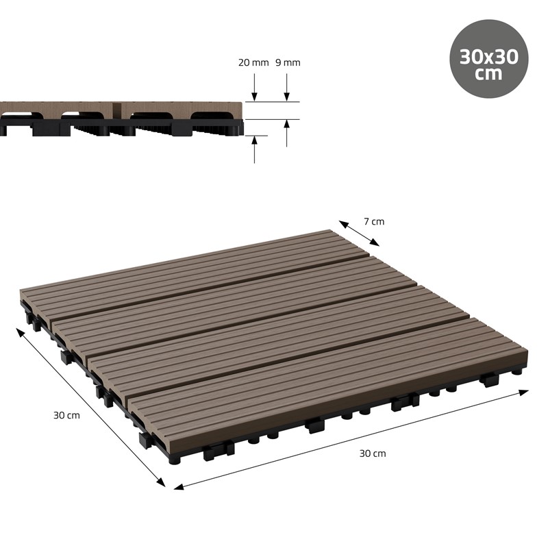 WPC Terrassenfliesen 30x30 cm 33er Set für 3m² Dunkelbraun in Holzoptik Balkon Bodenbelag mit Drainage und Klicksystem Terrassendielen Balkonfliesen