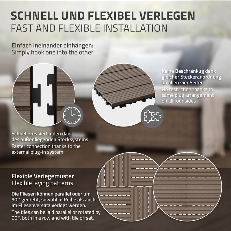 WPC Terrassenfliesen 30x30 cm 44er Set für 4m² Dunkelbraun in Holzoptik Balkon Bodenbelag mit Drainage und Klicksystem Terrassendielen Balkonfliesen