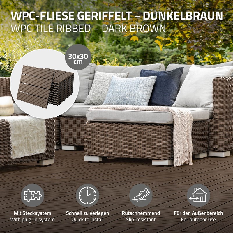 WPC Terrassenfliesen 30x30 cm 55er Set für 5m² Dunkelbraun in Holzoptik Balkon Bodenbelag mit Drainage und Klicksystem Terrassendielen Balkonfliesen