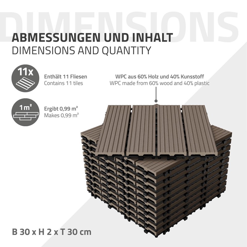WPC Terrassenfliesen 30x30 cm 55er Set für 5m² Dunkelbraun in Holzoptik Balkon Bodenbelag mit Drainage und Klicksystem Terrassendielen Balkonfliesen