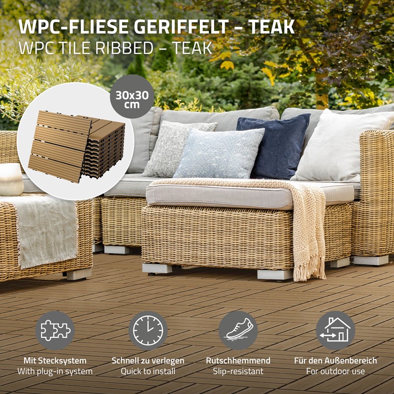 5m² 55 Stück WPC Terrassenfliesen 30x30 cm Teak in Holzoptik Balkon Bodenbelag mit Drainage und Klicksystem Terrassendielen Balkonfliesen