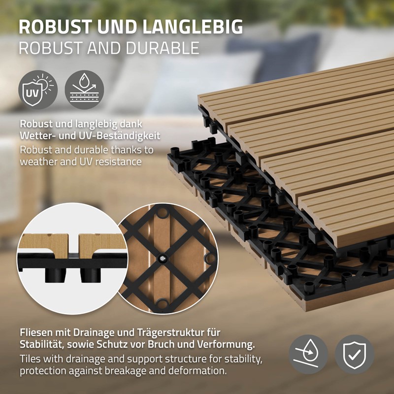 5m² 55 Stück WPC Terrassenfliesen 30x30 cm Teak in Holzoptik Balkon Bodenbelag mit Drainage und Klicksystem Terrassendielen Balkonfliesen