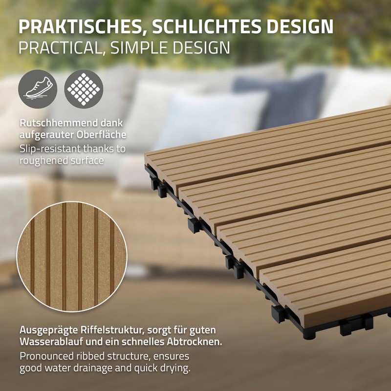 5m² 55 Stück WPC Terrassenfliesen 30x30 cm Teak in Holzoptik Balkon Bodenbelag mit Drainage und Klicksystem Terrassendielen Balkonfliesen