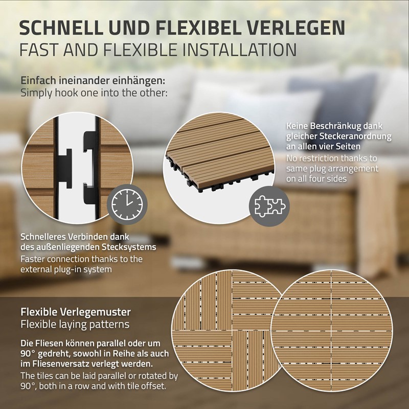 5m² 55 Stück WPC Terrassenfliesen 30x30 cm Teak in Holzoptik Balkon Bodenbelag mit Drainage und Klicksystem Terrassendielen Balkonfliesen