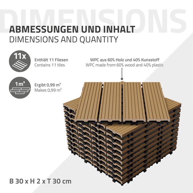 5m² 55 Stück WPC Terrassenfliesen 30x30 cm Teak in Holzoptik Balkon Bodenbelag mit Drainage und Klicksystem Terrassendielen Balkonfliesen