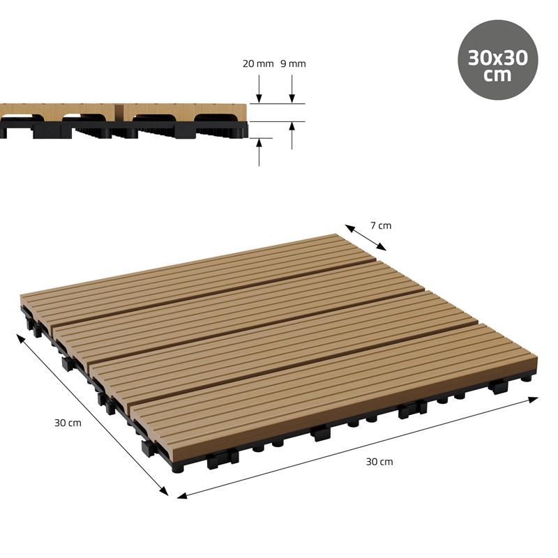 5m² 55 Stück WPC Terrassenfliesen 30x30 cm Teak in Holzoptik Balkon Bodenbelag mit Drainage und Klicksystem Terrassendielen Balkonfliesen
