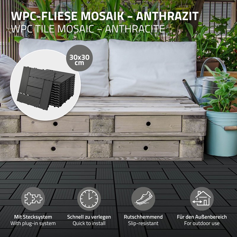 WPC Terrassenfliesen 30x30 cm 55er Set für 5m² Anthrazit in Holzoptik Mosaik mit Drainage und Klicksystem