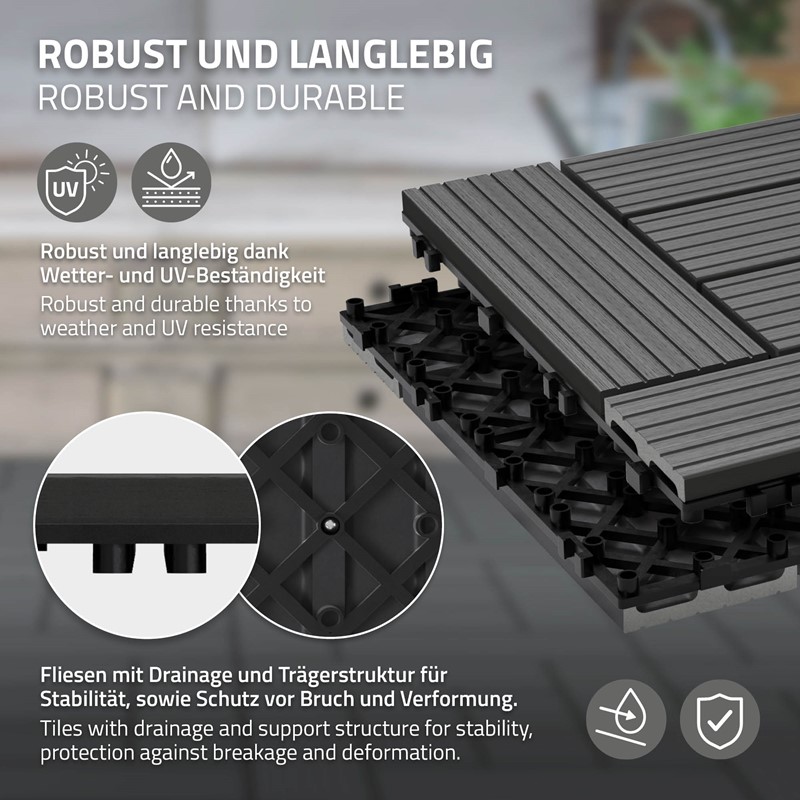 WPC Terrassenfliesen 30x30 cm 55er Set für 5m² Anthrazit in Holzoptik Mosaik mit Drainage und Klicksystem