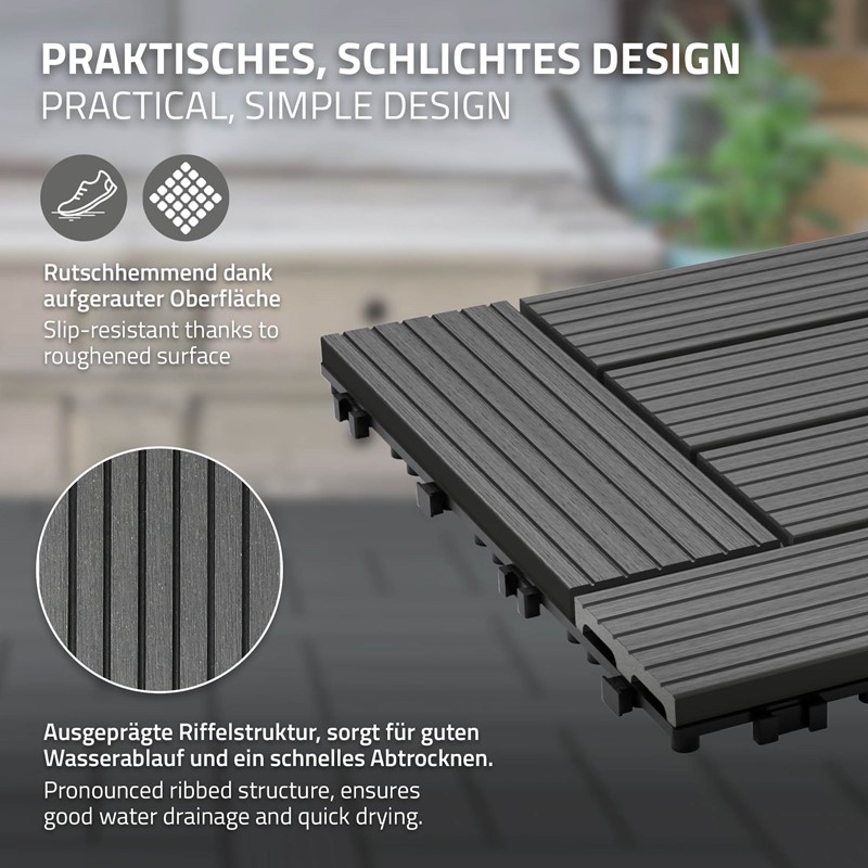 WPC Terrassenfliesen 30x30 cm 55er Set für 5m² Anthrazit in Holzoptik Mosaik mit Drainage und Klicksystem