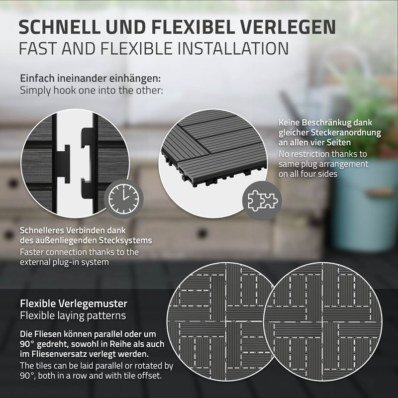 WPC Terrassenfliesen 30x30 cm 55er Set für 5m² Anthrazit in Holzoptik Mosaik mit Drainage und Klicksystem