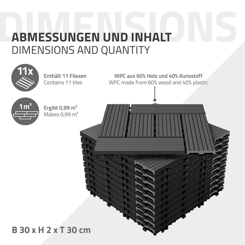 WPC Terrassenfliesen 30x30 cm 55er Set für 5m² Anthrazit in Holzoptik Mosaik mit Drainage und Klicksystem