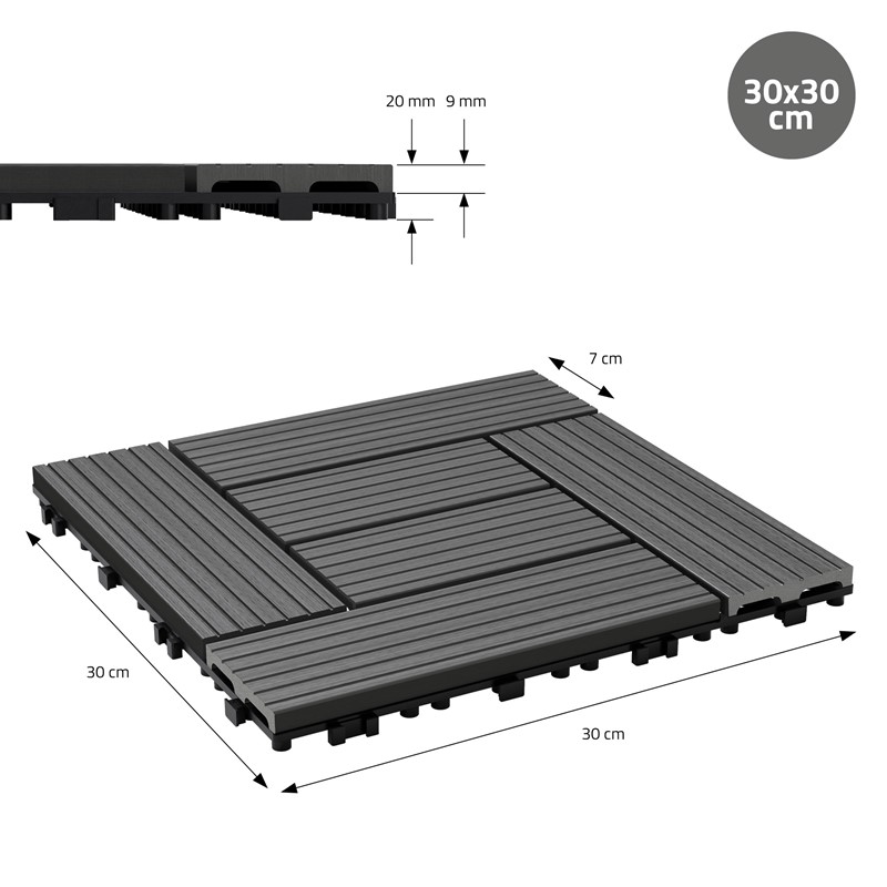 WPC Terrassenfliesen 30x30 cm 55er Set für 5m² Anthrazit in Holzoptik Mosaik mit Drainage und Klicksystem