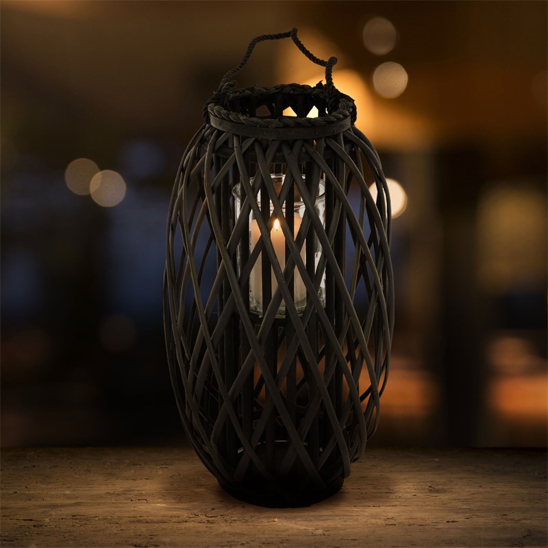 Riedlaterne mit Henkel 50x Ø28 cm Schwarz aus umweltfreundlichem Rattan