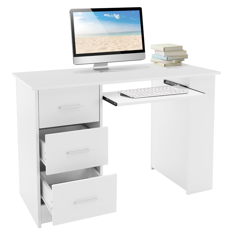 Schreibtisch mit drei Schubladen drei Regale und Tastaturauszug 110x49x75 cm Weiß aus Holz ML-Design Schreibtisch mit drei Schubladen drei Regale und Tastaturauszug 110x49x75 cm Weiß aus Holz ML-Design