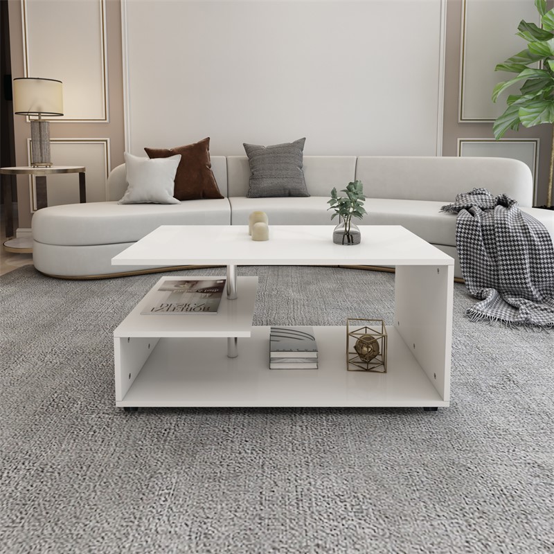 Couchtisch 91x52,6x41 cm Weiß mit Metall Dekostange und Ablageflächen auf 3 Etagen ML-Design Couchtisch 91x52,6x41 cm Weiß mit Metall Dekostange und Ablageflächen auf 3 Etagen ML-Design