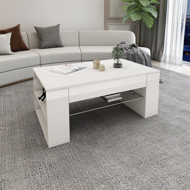 Couchtisch mit Glasablage und 4 Fächern 100x60x42 cm Weiß ML-Design Couchtisch mit Glasablage und 4 Fächern 100x60x42 cm Weiß ML-Design