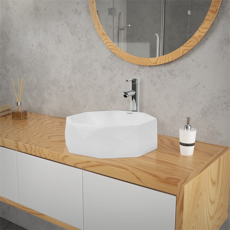 Waschbecken Diamantform ohne Überlauf Ø 42x13,5 cm Weiß aus Keramik LuxeBath