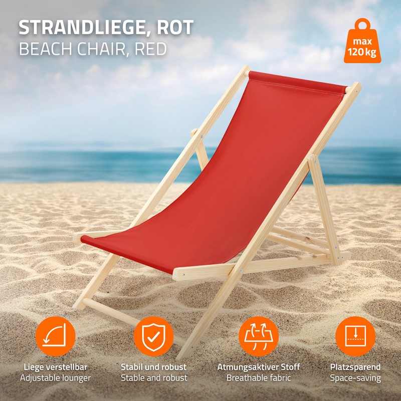 Gartenliege Holz 2er Set Beachstuhl klappbarer Strandstuhl Strandliege Campingliege Sonnenliege Rot Klappliegestuhl Relaxliege