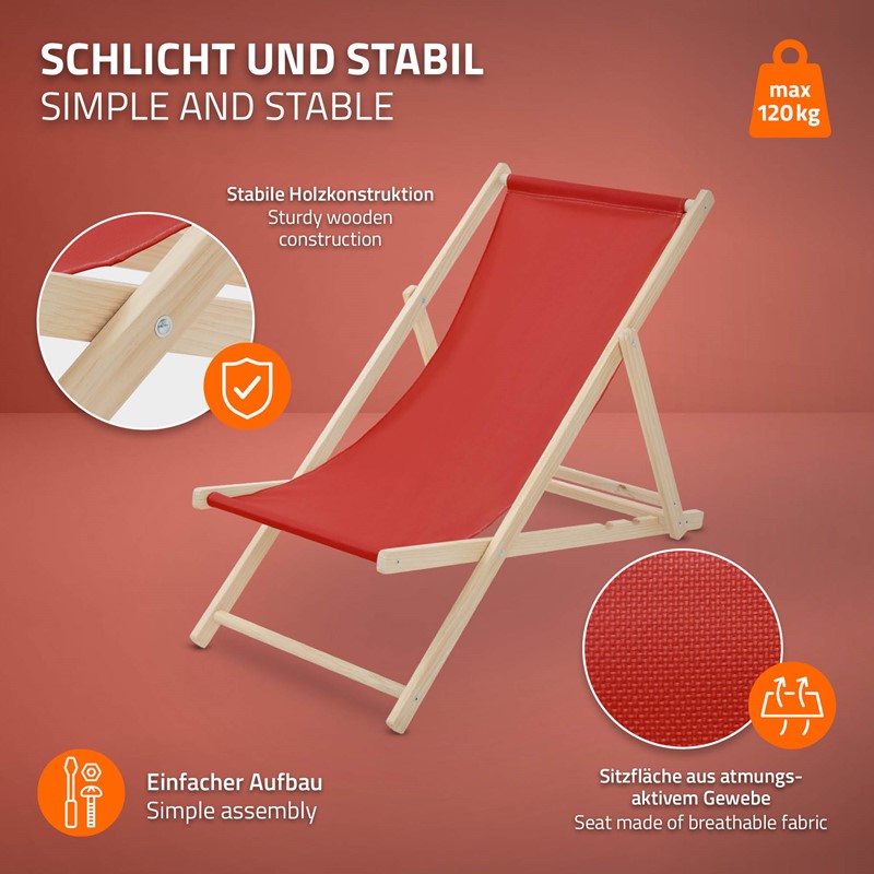 Gartenliege Holz 2er Set Beachstuhl klappbarer Strandstuhl Strandliege Campingliege Sonnenliege Rot Klappliegestuhl Relaxliege