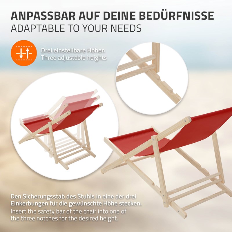 Gartenliege Holz 2er Set Beachstuhl klappbarer Strandstuhl Strandliege Campingliege Sonnenliege Rot Klappliegestuhl Relaxliege