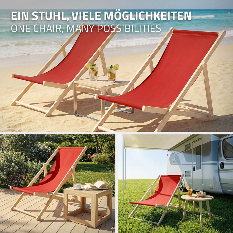 Gartenliege Holz 2er Set Beachstuhl klappbarer Strandstuhl Strandliege Campingliege Sonnenliege Rot Klappliegestuhl Relaxliege