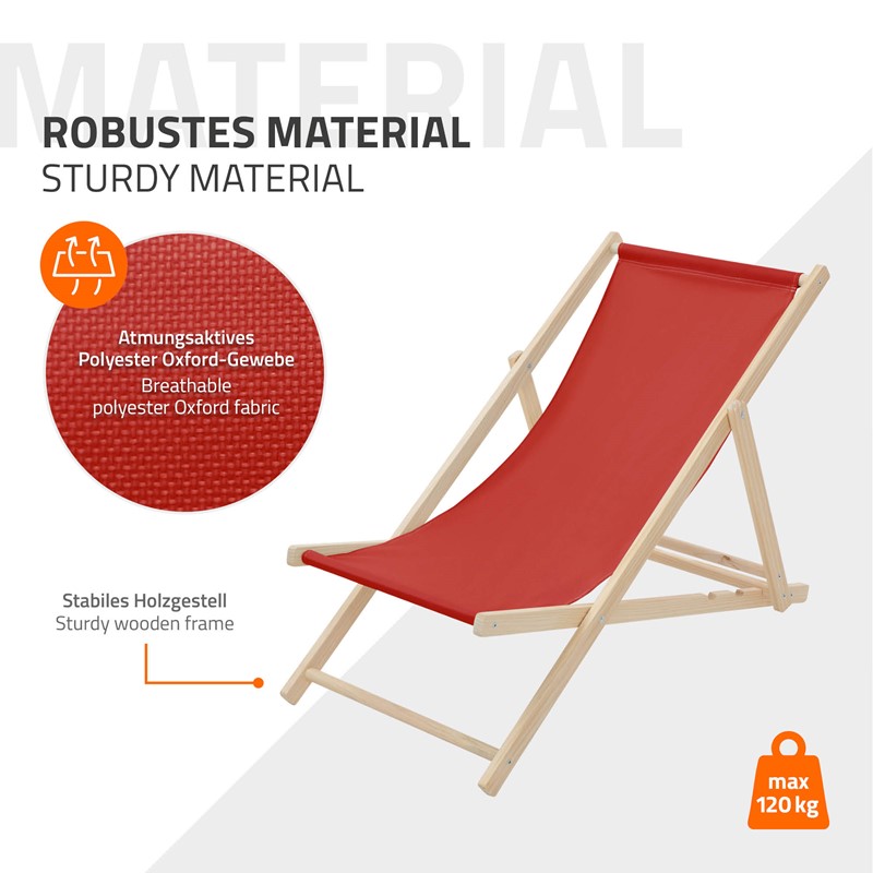 Gartenliege Holz 2er Set Beachstuhl klappbarer Strandstuhl Strandliege Campingliege Sonnenliege Rot Klappliegestuhl Relaxliege