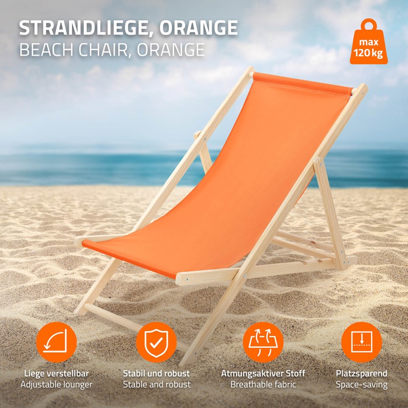 Gartenliege Holz 2er Set Beachstuhl klappbarer Strandstuhl Strandliege Campingliege Sonnenliege Orange Klappliegestuhl Relaxliege