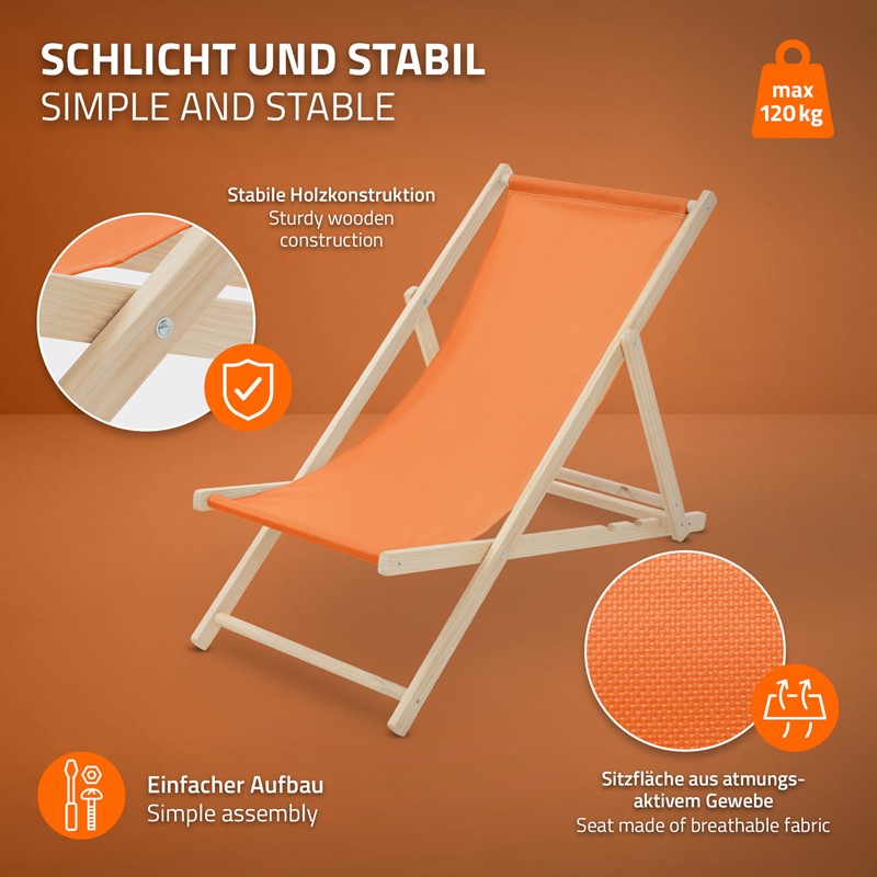 Gartenliege Holz 2er Set Beachstuhl klappbarer Strandstuhl Strandliege Campingliege Sonnenliege Orange Klappliegestuhl Relaxliege