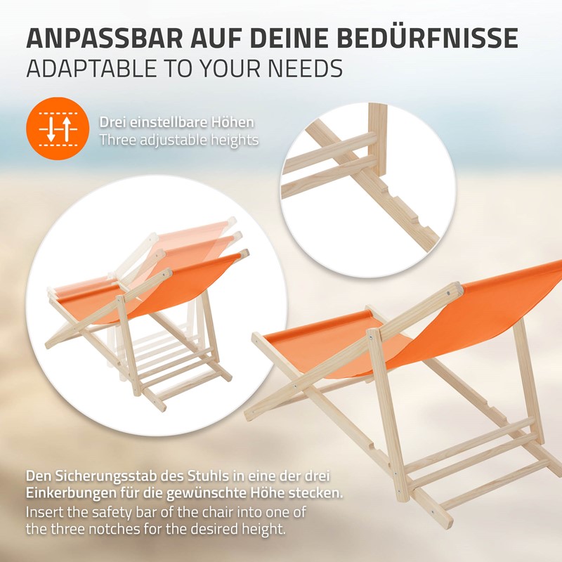 Gartenliege Holz 2er Set Beachstuhl klappbarer Strandstuhl Strandliege Campingliege Sonnenliege Orange Klappliegestuhl Relaxliege