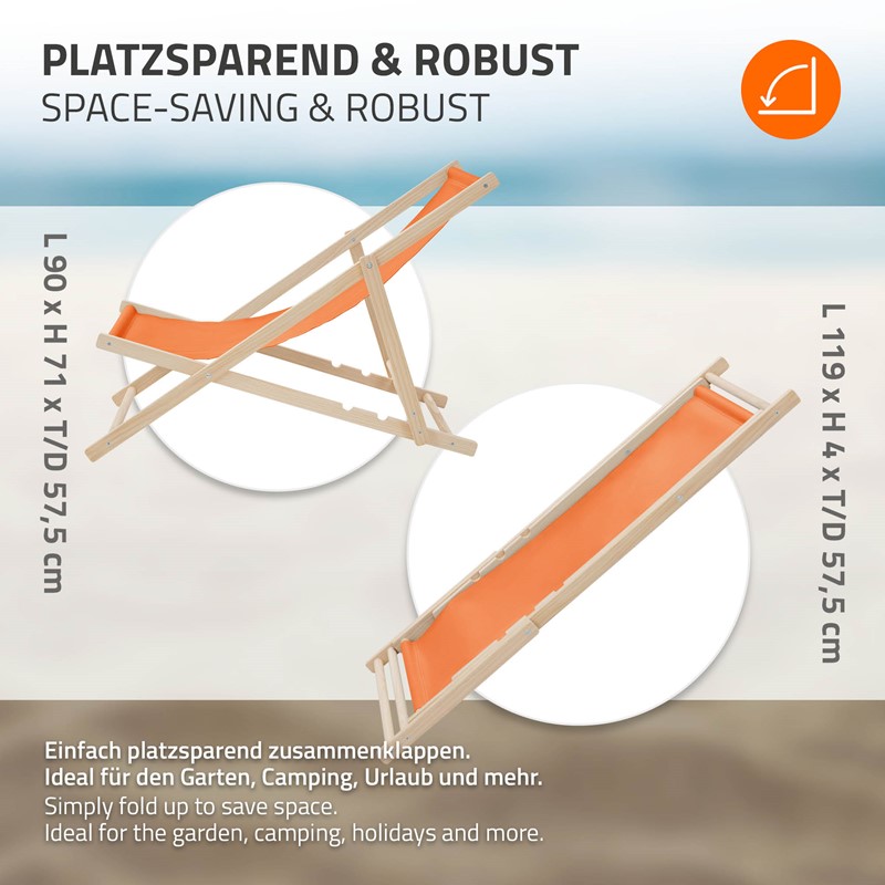 Gartenliege Holz 2er Set Beachstuhl klappbarer Strandstuhl Strandliege Campingliege Sonnenliege Orange Klappliegestuhl Relaxliege
