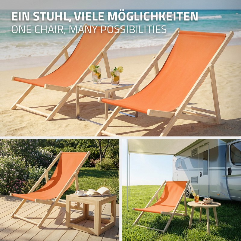 Gartenliege Holz 2er Set Beachstuhl klappbarer Strandstuhl Strandliege Campingliege Sonnenliege Orange Klappliegestuhl Relaxliege