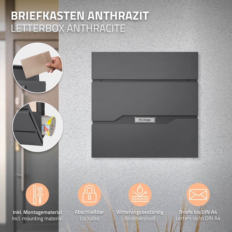 Standbriefkasten mit Zeitungsfach 37x36,5x10,5 cm Anthrazit aus Edelstahl ML-Design