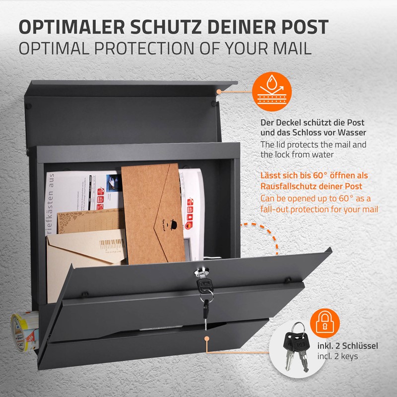 Standbriefkasten mit Zeitungsfach 37x36,5x10,5 cm Anthrazit aus Edelstahl ML-Design